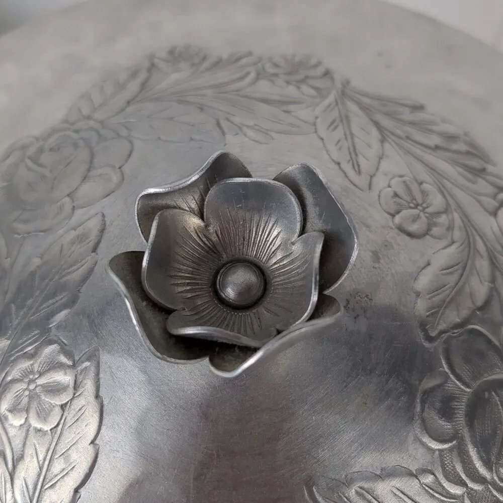 Vintage Hammered Aluminum Ice Bucket Floral Rose Midcentury Art Nouveau